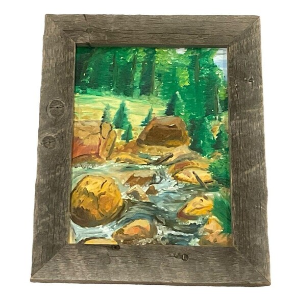MOUNTAIN STREAM Painting in Rustic Frame 12.5 x 15.5” - Picture 1 of 7